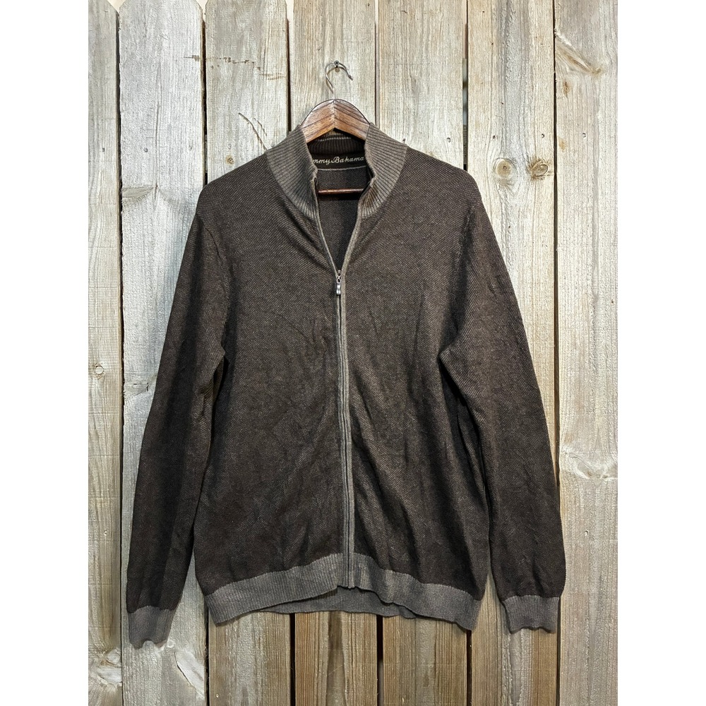 Tommy Bahama Mens Brown Cotton Cashmere Full Zip Sweater Elbow Patches S T4879